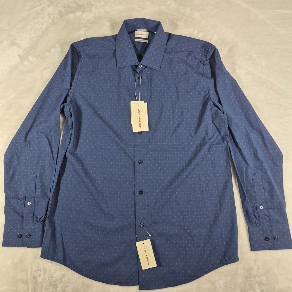 Lucky Brand 4 Way Stretch Button Up Shirt Men's Large Blue Slim Geometric NWT